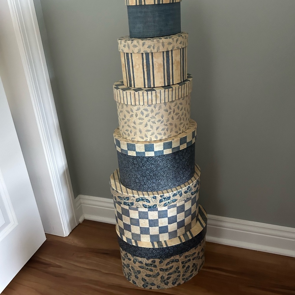 Set of Decorative Blue and Beige Boxes